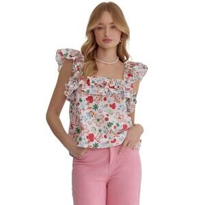 NWT Entro Floral Ruffled Strap Sleeve Square Neck Cotton Top Large